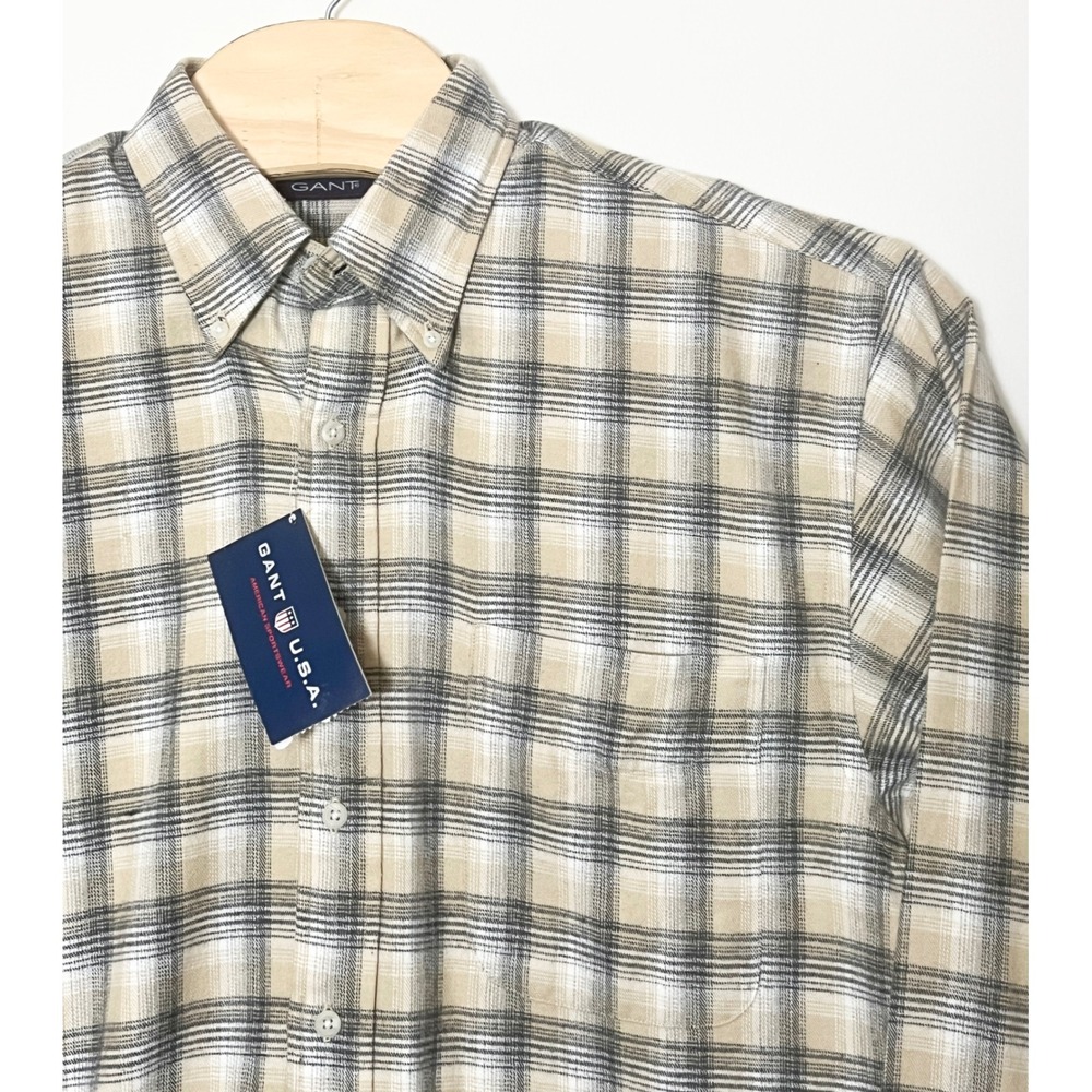 Gant USA Prairie Flannel Shirt Mens Medium Tan Grey Plaid Button Down Cotton NWT